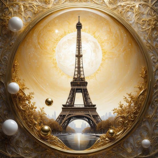 عکس برج ایفل فانتزی در قاب دایره‌ای طلایی با ماه زرد برای پوستر دیواری