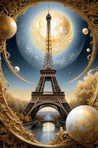طرح برج ایفل فانتزی با ماه کامل زرد و قاب طلایی برای چاپ روی کوسن