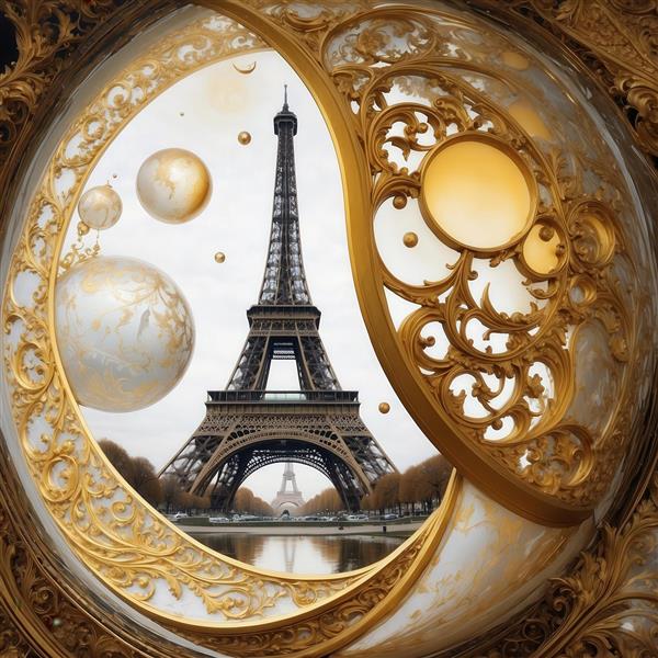 تصویر برج ایفل فانتزی با دو ماه سفید و قاب طلایی برای چاپ تابلو دکوراتیو لوکس