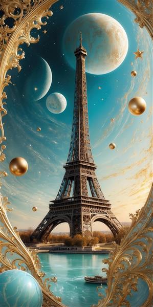 عکس برج ایفل فانتزی با چندین ماه و حباب‌های طلایی برای پرده اتاق نشیمن