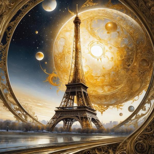 طرح برج ایفل فانتزی با ماه بزرگ طلایی در قاب دایره‌ای برای چاپ روی روتختی