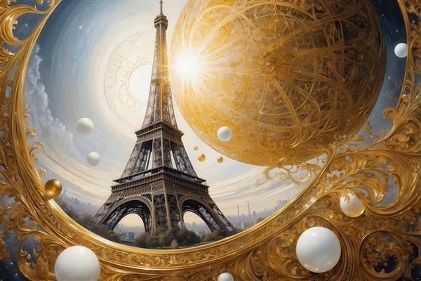 تصویر برج ایفل فانتزی در قاب گرد طلایی با کره‌ی بزرگ زرد برای پوستر دیواری