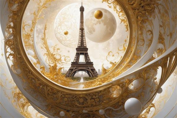 عکس برج ایفل فانتزی در پیچ و تاب طلایی سفید با ماه و کره برای چاپ روی بوم