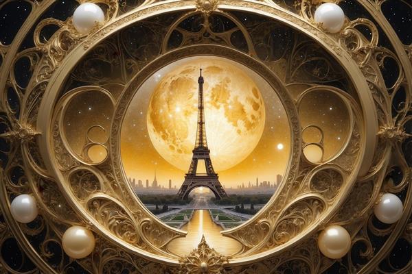 طرح برج ایفل فانتزی در قاب طلایی دایره‌ای با ماه بزرگ زرد برای تابلو دکوراتیو