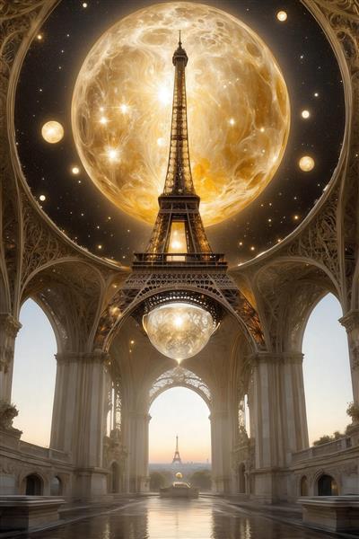 تصویر برج ایفل آویزان با ماه طلایی در معماری فانتزی سقف قوسی برای پرده چاپی