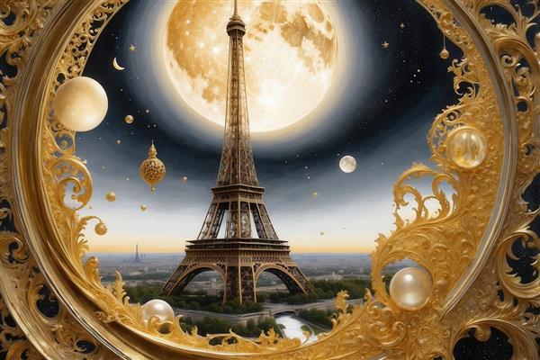عکس برج ایفل فانتزی در قاب طلایی با ماه کامل در آسمان شب برای چاپ کوسن
