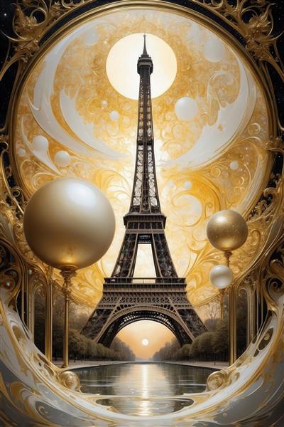 تصویر برج ایفل فانتزی با ماه کامل طلایی بزرگ در قاب برای تابلو دکوراتیو لوکس