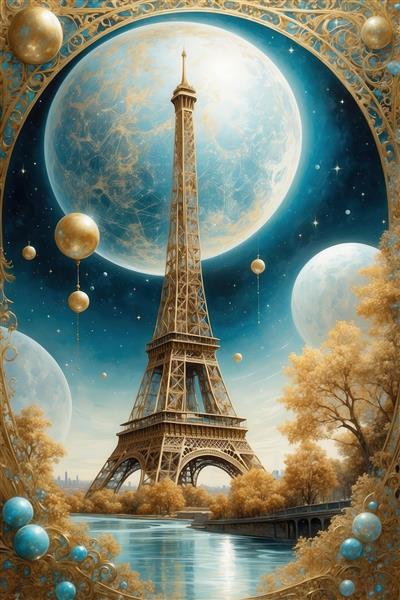 طرح برج ایفل فانتزی با ماه آبی بزرگ و درختان پاییزی برای پوستر دیواری