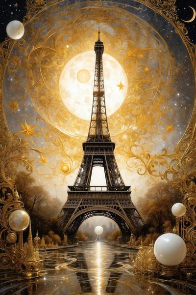 عکس برج ایفل با ماه کامل طلایی در آسمان شب فانتزی برای چاپ روتختی