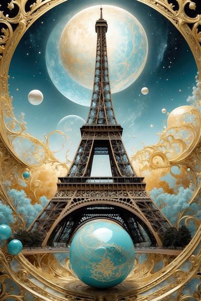 تصویر برج ایفل با کره‌ی فیروزه‌ای و ماه بزرگ در قاب طلایی فانتزی برای تابلو