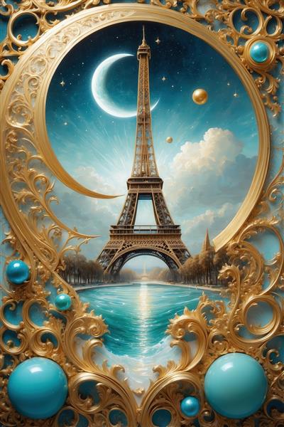 طرح برج ایفل با هلال ماه و قاب طلایی فانتزی و حباب‌های فیروزه‌ای برای پوستر