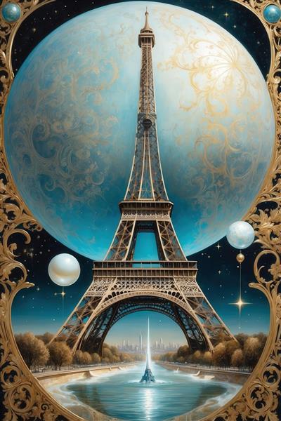 عکس برج ایفل با ماه آبی بزرگ فانتزی در قاب طلایی برای چاپ روی کوسن