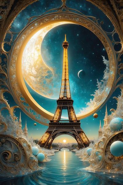 تصویر برج ایفل فانتزی با هلال ماه طلایی در آسمان پر ستاره برای تابلوی لوکس