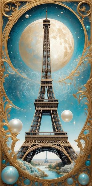 طرح برج ایفل فانتزی آبی و طلایی با مروارید و ماه برای پرده یا روتختی اتاق خواب