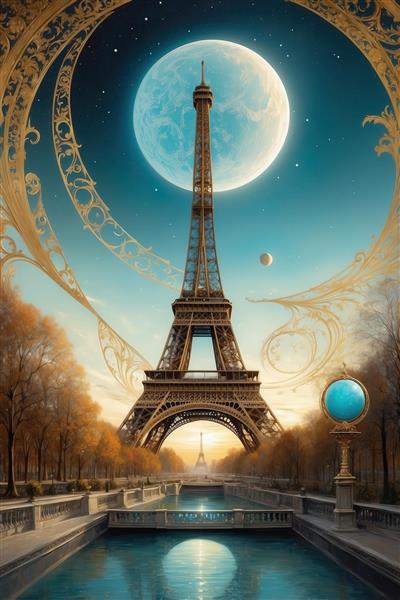 عکس برج ایفل فانتزی با ماه کامل در آسمان روشن برای پوستر چاپی اتاق نشیمن