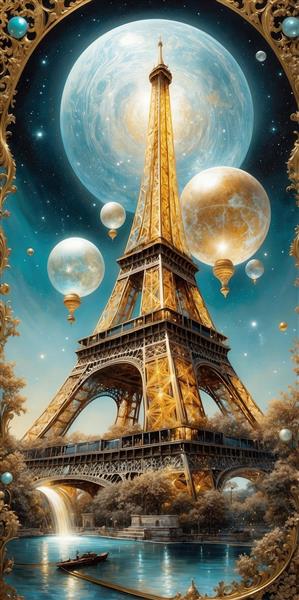 تصویر برج ایفل طلایی فانتزی با بالون و ماه بزرگ برای چاپ پوستر دکوراتیو