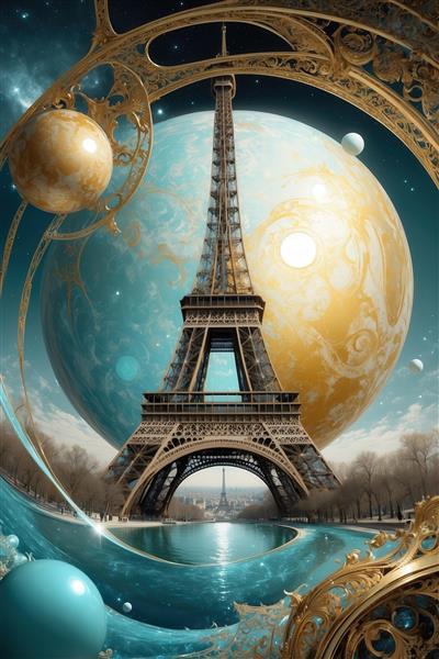 طرح برج ایفل پاریس با ماه بزرگ فانتزی آبی و طلایی برای تابلو اتاق خواب