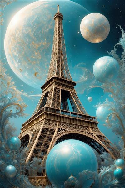 تصویر برج ایفل پاریس فانتزی با ماه بزرگ و حباب‌های آبی برای چاپ روی کوسن
