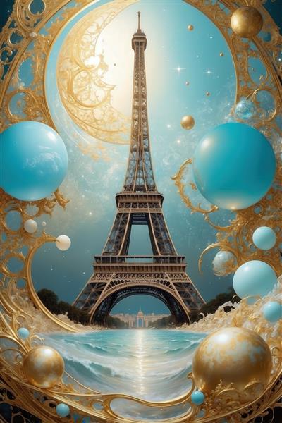 عکس برج ایفل پاریس با ماه و حباب‌های آبی فانتزی و قاب طلایی برای پوستر دیواری