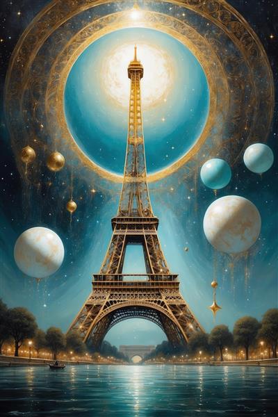 طرح برج ایفل با حلقه‌ی طلایی در آسمان شب پر ستاره برای چاپ تابلو دکوراتیو