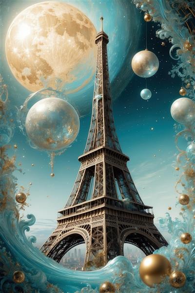 طرح برج ایفل فانتزی در پاریس با ماه کامل بزرگ و حباب‌های طلایی برای پرده