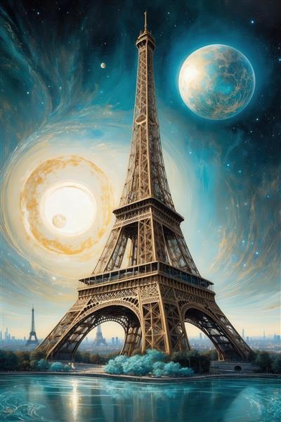 تصویر برج ایفل پاریس فانتزی در شب با ماه و کهکشان آبی برای چاپ روتختی