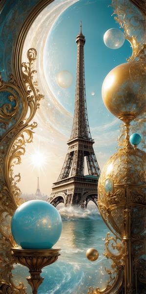طرح برج ایفل پاریس فانتزی و رویایی با آسمان آبی روشن و حباب‌ها برای پوستر