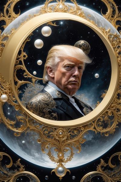 پرتره دونالد ترامپ فانتزی با ماه و مروارید در قاب طلایی برای تابلوی پذیرایی