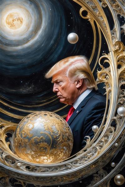 عکس دونالد ترامپ پرتره فانتزی با توپ طلایی در آسمان شب برای تابلو دکوراتیو
