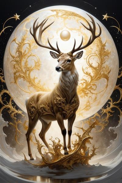 تصویر گوزن قهوه‌ای فانتزی در قاب طلایی روی موج ابر با ماه و ستاره