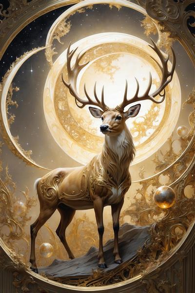 طرح گوزن قهوه‌ای با یال سفید در قاب آینه‌ای و ماه طلایی فانتزی