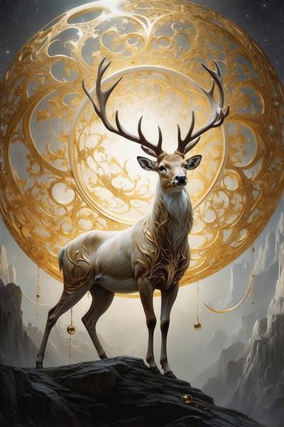 تصویر گوزن قهوه‌ای سلطنتی بر فراز صخره با ماه طلایی بزرگ برای دکور