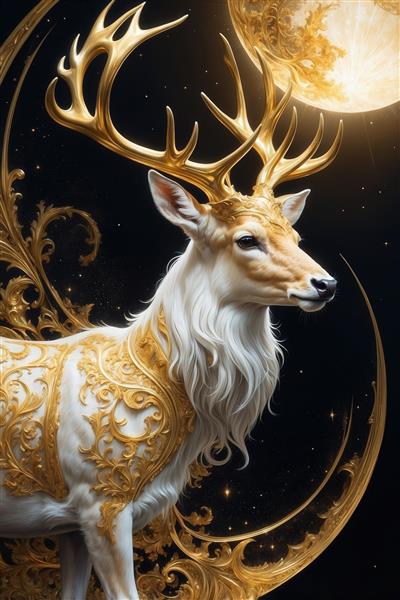 طرح پرتره گوزن سفید اشرافی با شاخ طلایی و تم فانتزی سیاه و طلایی