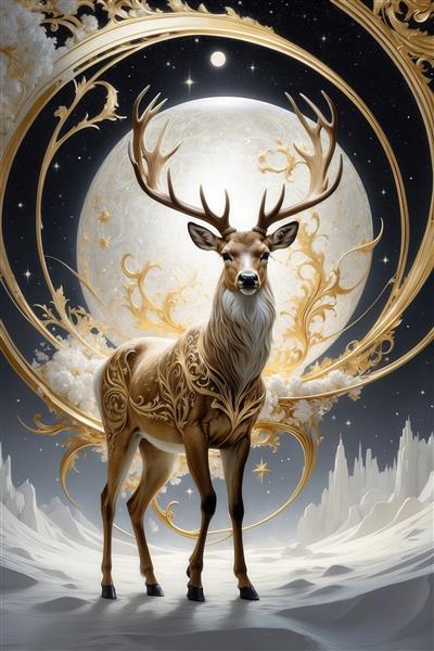 عکس گوزن قهوه‌ای با تزئینات طلایی و ماه بزرگ در میان برف برای چاپ