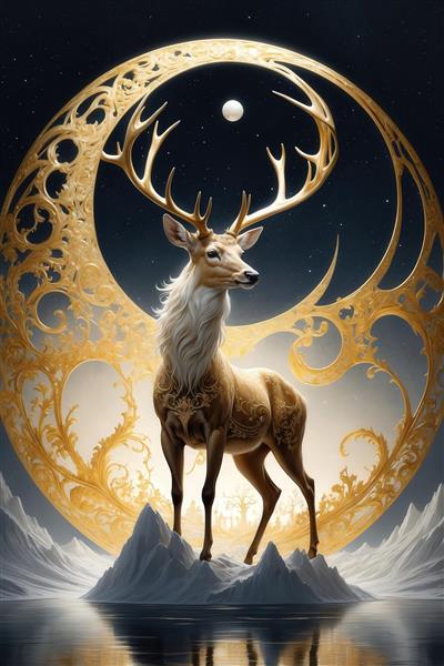 عکس آهوی سلطنتی برفی با شاخ‌های هلالی و ماه طلایی برای تابلو