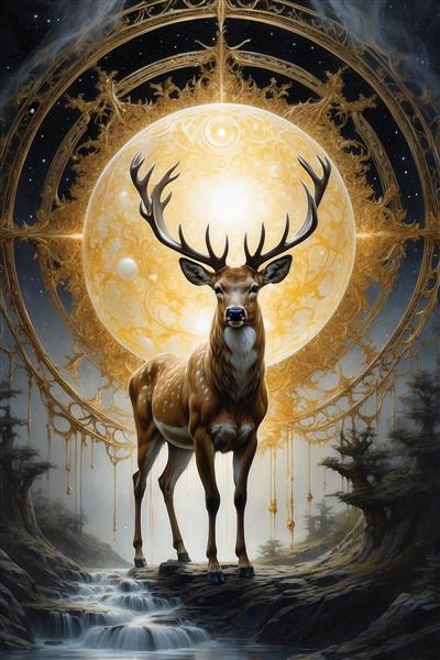 عکس گوزن قهوه‌ای شاخ‌دار در کنار آبشار با پس‌زمینه ماه طلایی