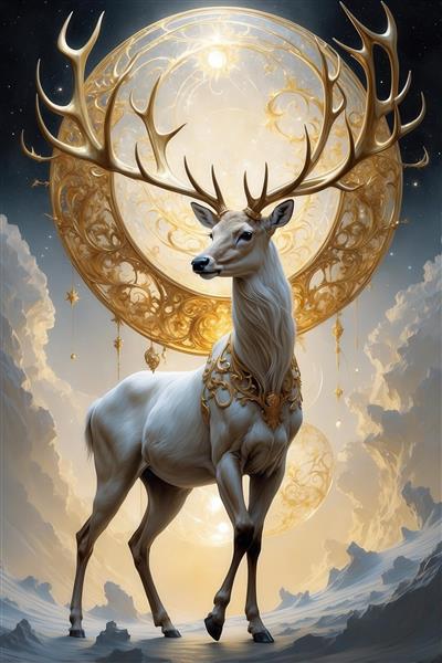 طرح گوزن سلطنتی سفید با شاخ طلایی و ماه بزرگ برای چاپ روی پرده