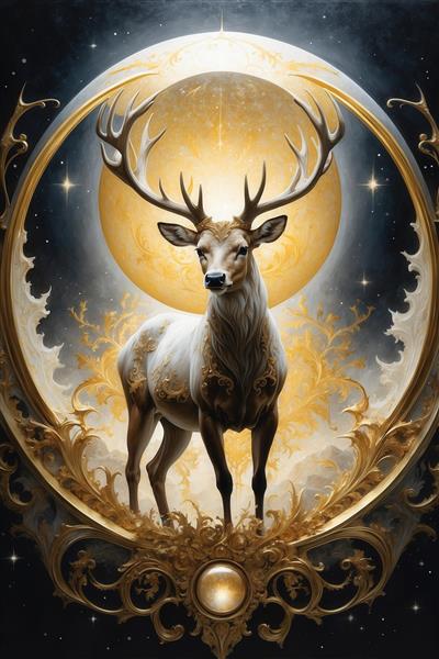 عکس گوزن اشرافی سفید و طلایی در قاب دایره‌ای با ماه کامل در شب