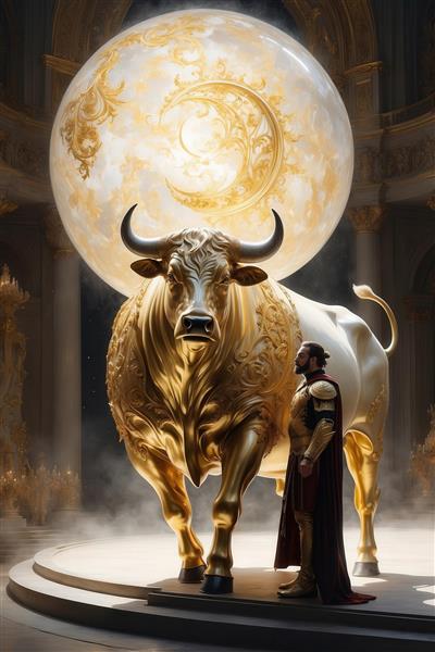 طرح گاو طلایی و شوالیه در کاخ با گوی نورانی نماد ماه تولد تارس