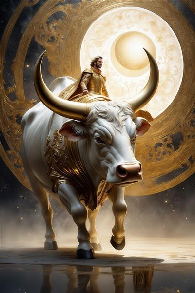عکس شوالیه تارس بر گاو سفید در حال تاختن با زمینه ماه و حلقه طلایی
