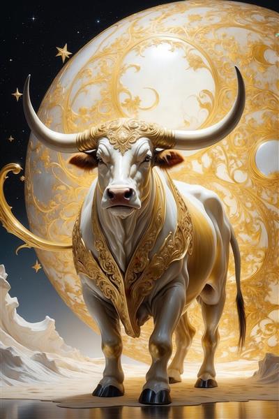 طرح گاو نر طلایی و سفید با شاخ بزرگ نماد ماه تولد تارس برای چاپ