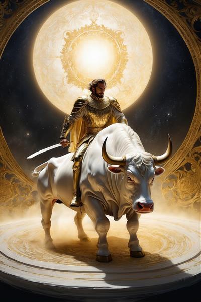 عکس جنگجوی طلایی بر گاو سفید در قاب آینه‌ای و ماه کامل برای تابلو