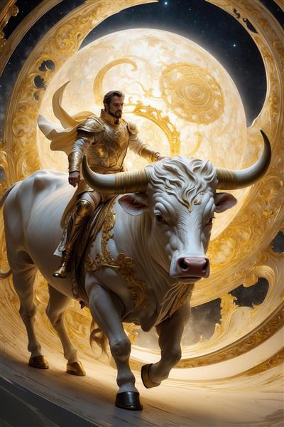 طرح شوالیه تارس سوار بر گاو سفید با پس‌زمینه ماه فانتزی باکیفیت