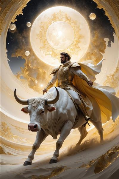 تصویر مرد جنگجو سوار بر گاو سفید در آسمان شب و ماه کامل طلایی