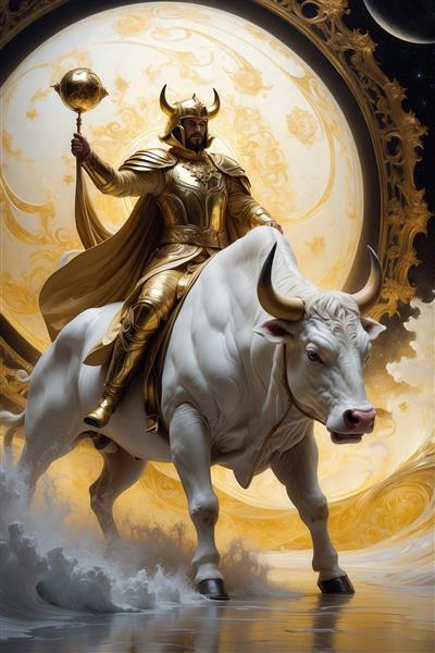 عکس شوالیه یا جنگجوی طلایی سوار بر گاو سفید نماد ماه تولد تارس