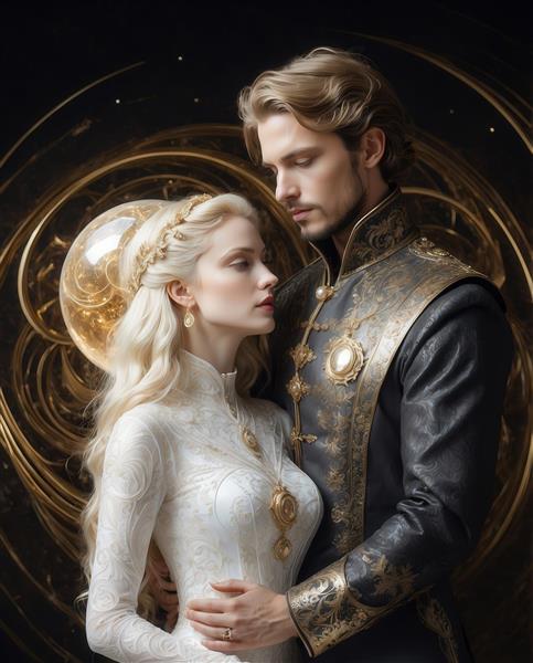 طرح زن و مرد اشرافی در لباس رسمی طلایی و سیاه با پس‌زمینه دایره‌ای