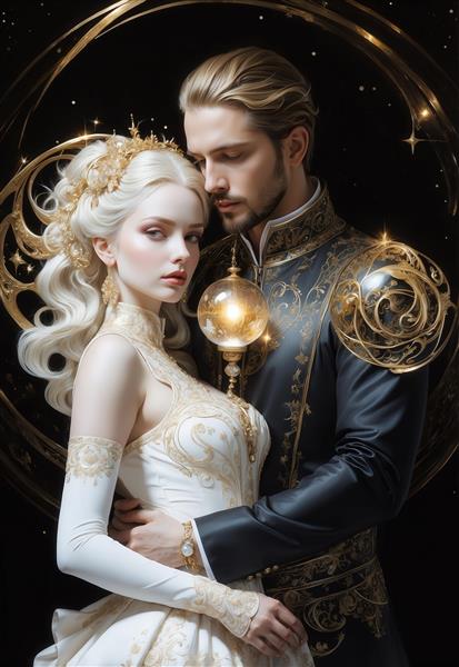 عکس زوج پادشاهی فانتزی با گوی طلایی و لباس اشرافی برای چاپ روتختی