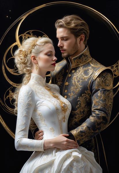 تصویر عاشقانه شاه و ملکه با استایل باروک و تم سیاه و طلایی برای تابلو