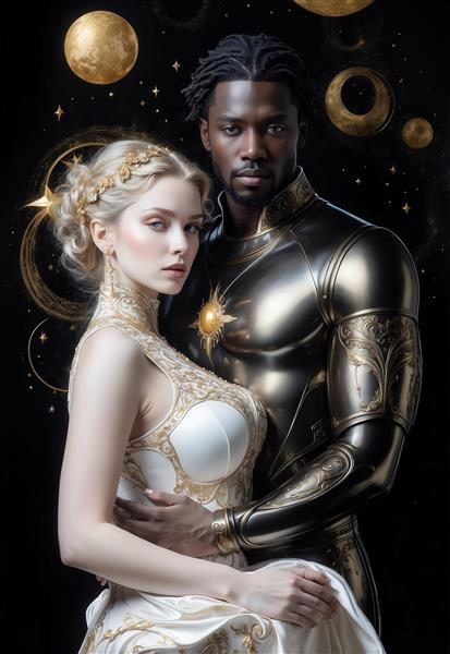 طرح زوج فانتزی زره‌پوش با لباس فاخر و تم طلایی و سیاه دکوراتیو