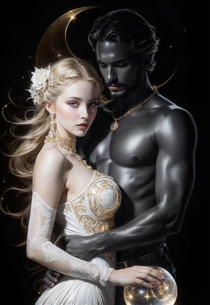 عکس زوج فانتزی سیاه و سفید با تزئینات طلایی و ماه در پس‌زمینه